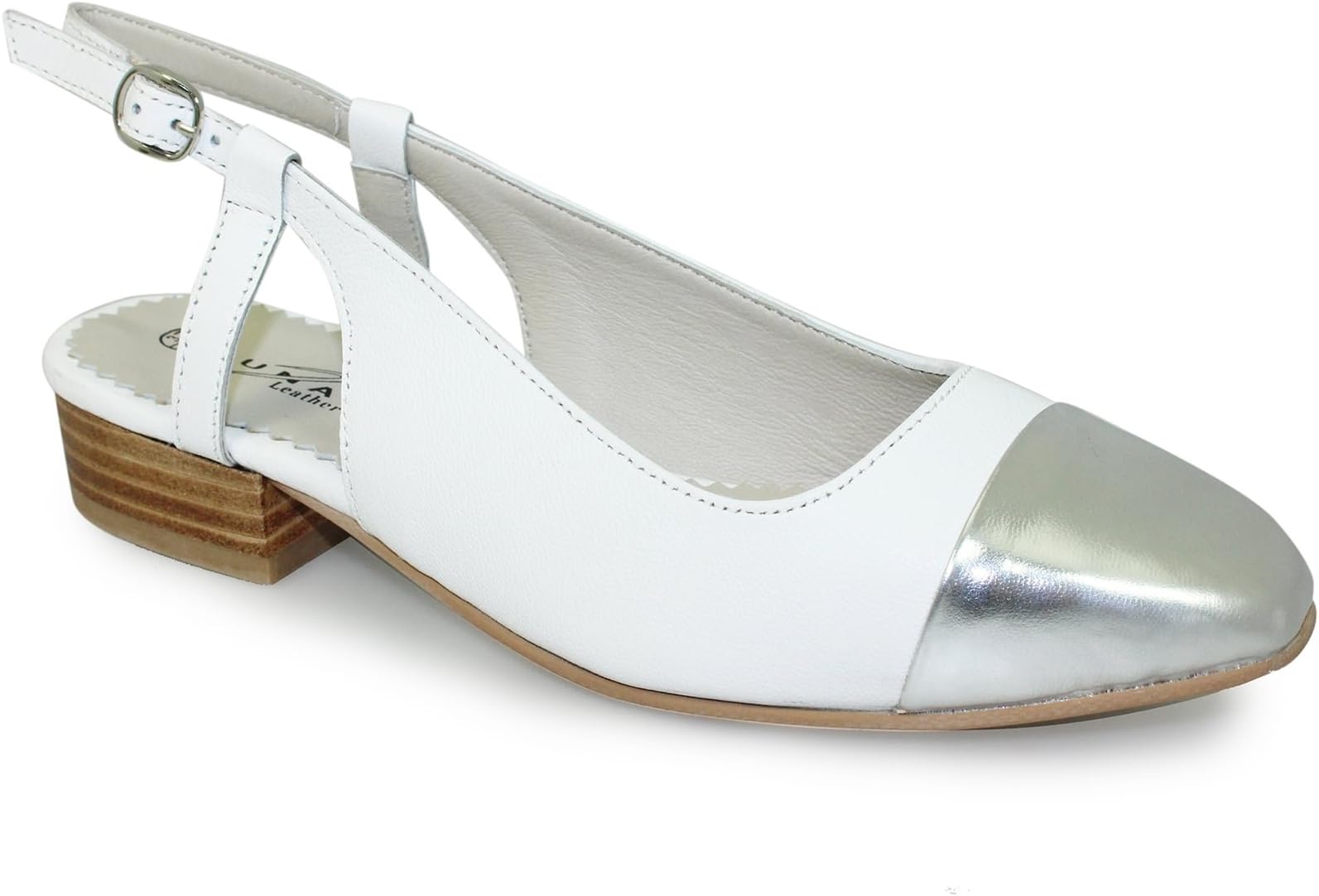 Lunar Women's Gibson Leather Sling Back with Metallic Toe. Red, Navy, Black, Beige or White. Sizes 3,4,5,6,7,8