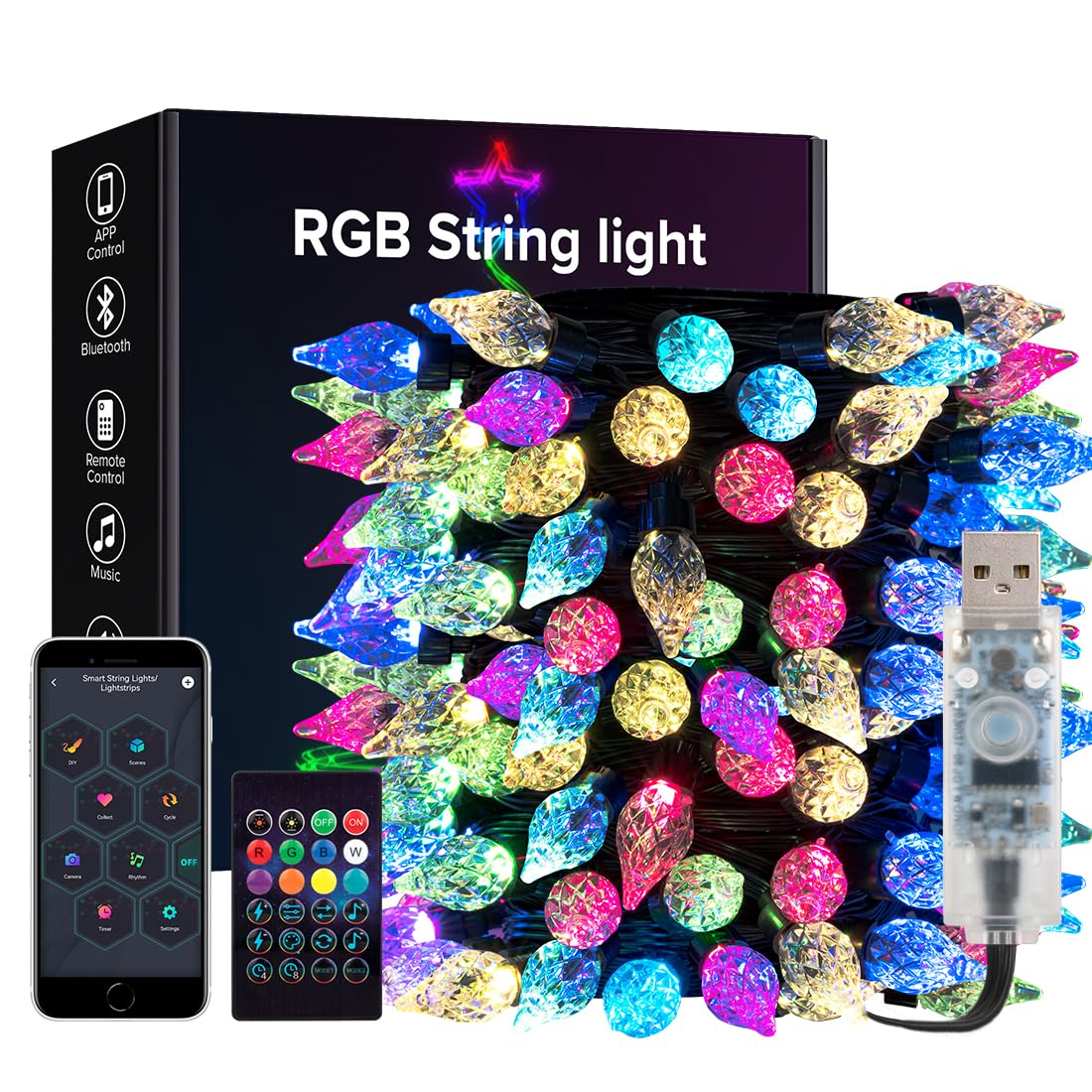 BTF-LIGHTING RGB IC Intelligent String Lights 10M 50LEDs Transparent Cable Transparent Strawberry USB LED Light IP65 Waterproof with IR Remote Control Music Mode Timer Tracking Effect for Decoration