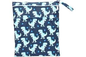 Sigzagor Wet Bag Baby Cloth Diaper Nappy Insert Bag Reusable With Two Zippered Pockets (Blue Dinosaurs Stomp)