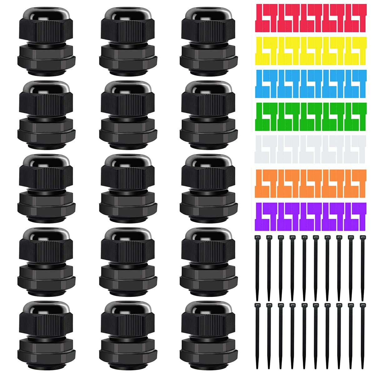 Youmile 15 Pcs PG13.5 Waterproof Cable Gland IP68 Adjustable 6-12mm Nylon Plastic Seal Wire Connector for Junction Box with 7 Pcs Cable Labels, 20 Pcs Wire Ties