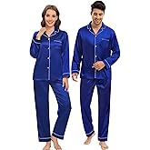 DIKFA Silk Satin Pajamas Set for Couple Matching PJS Women Men 2 Piece Button Down Loungewear Sleepwear Long Sleeve Pjs Set