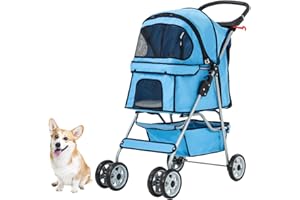 RUESLEAG Dog Stroller, Folding 4 Wheels Pet Stroller for Small Medium Dog Cat Travel Carrier with Weather Cover Storage Basket Cup Holders Blue