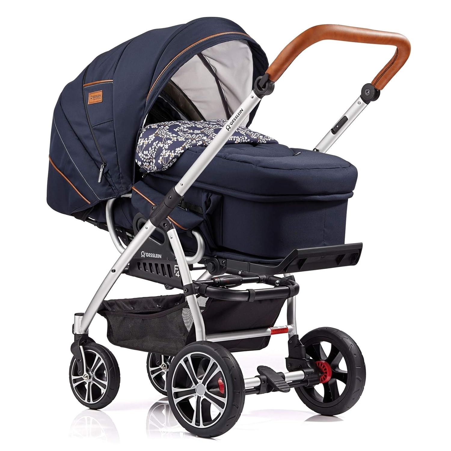 Gesslein Kombi-Kinderwagen F4 Air+ | Gestell: silber eloxiert | Lederschiebegriff: cognac | inkl. C2-Compact Tragetasche | Design: 061061