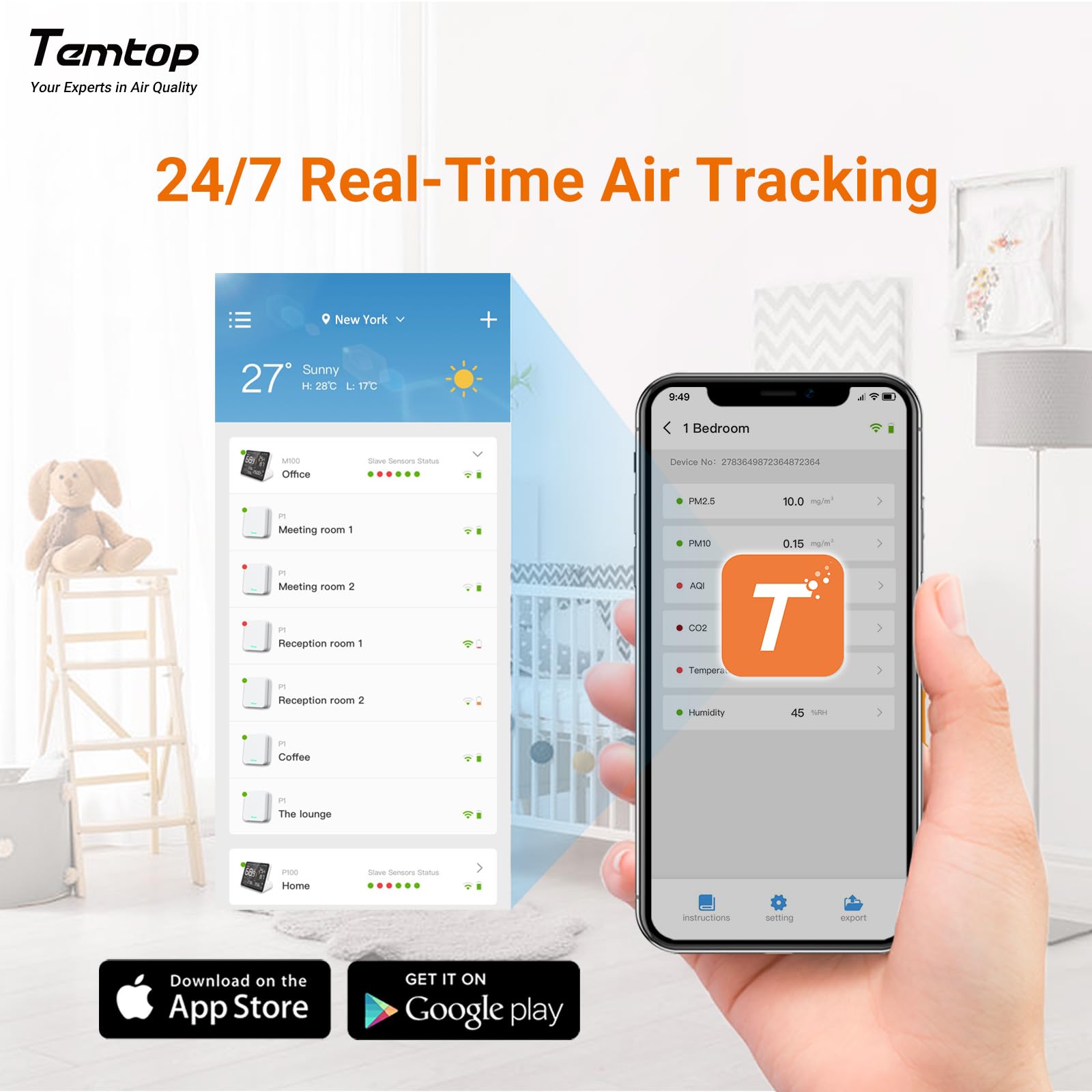 Temtop M100-UP Luftqualitätsmessgerät Wetterstation, 2.4G WLAN Bluetooth Thermometer mit App, 8-in-1 Luftqualitätsmessgerät (PM2.5/CO2/Temperatur/Feuchtigkeit) 3