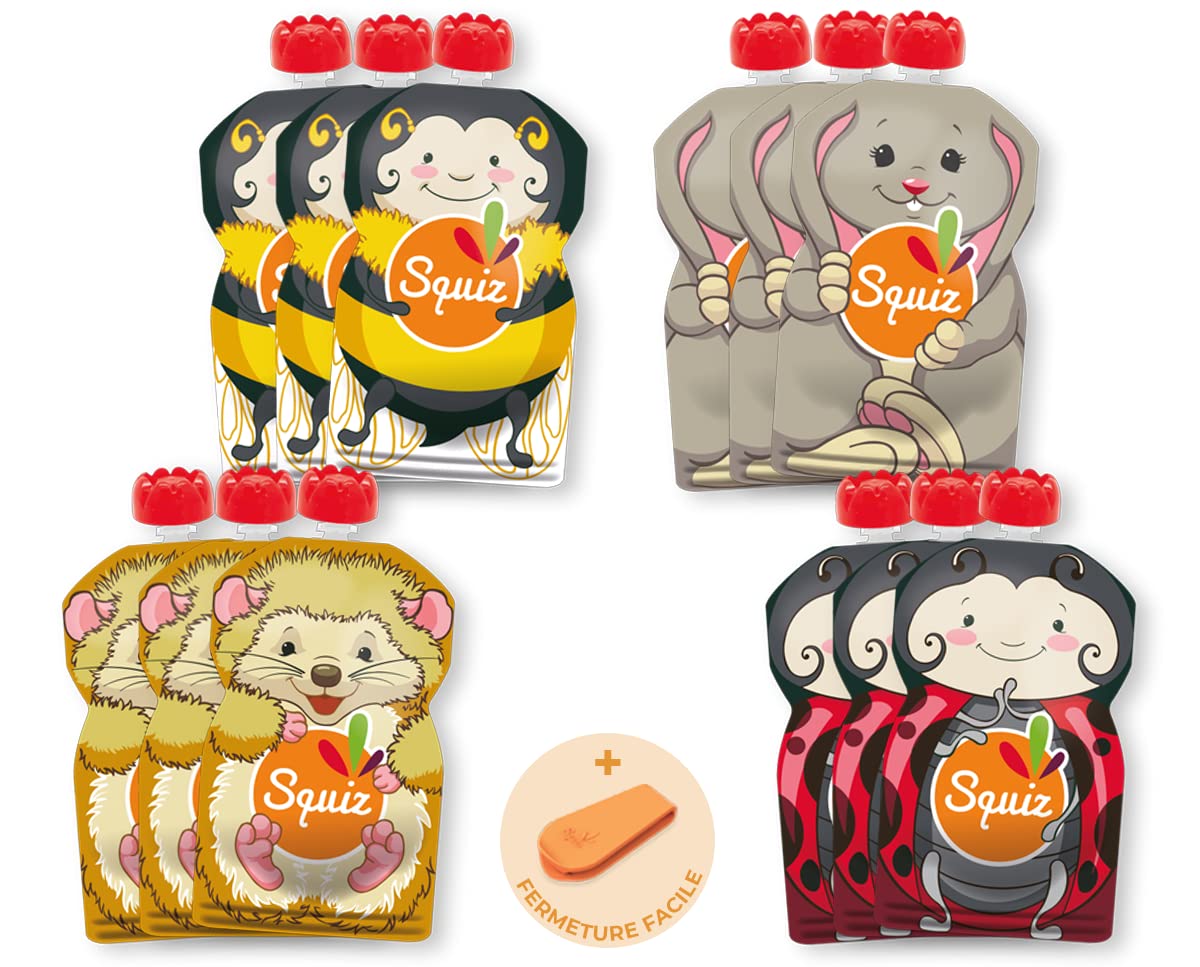 SQUIZ,The only reusable squeeze bags made in Switzerland, pack of 12, BPA-free, guaranteed to keep leak-proof thanks to the patented snap closure, for smoothies, baby porridge,Nature collection