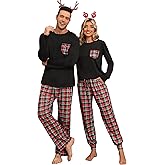 Elsameel Christmas Pajamas Set Women & Men 2 Piece Buffalo Plaid Pajama Pants Fleece Tops For Couple & Family PJs Loungewear