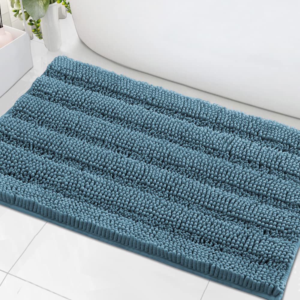 Photo 1 of H.VERSAILTEX Bath Mats for Bathroom Non Slip Extra Thick Chenille Striped Bath Rug 24" x 36" Absorbent Non Skid Fluffy Soft Shaggy Rugs Washable Plush Mats for Indoor, Bath Room, Tub - Turquoise Blue