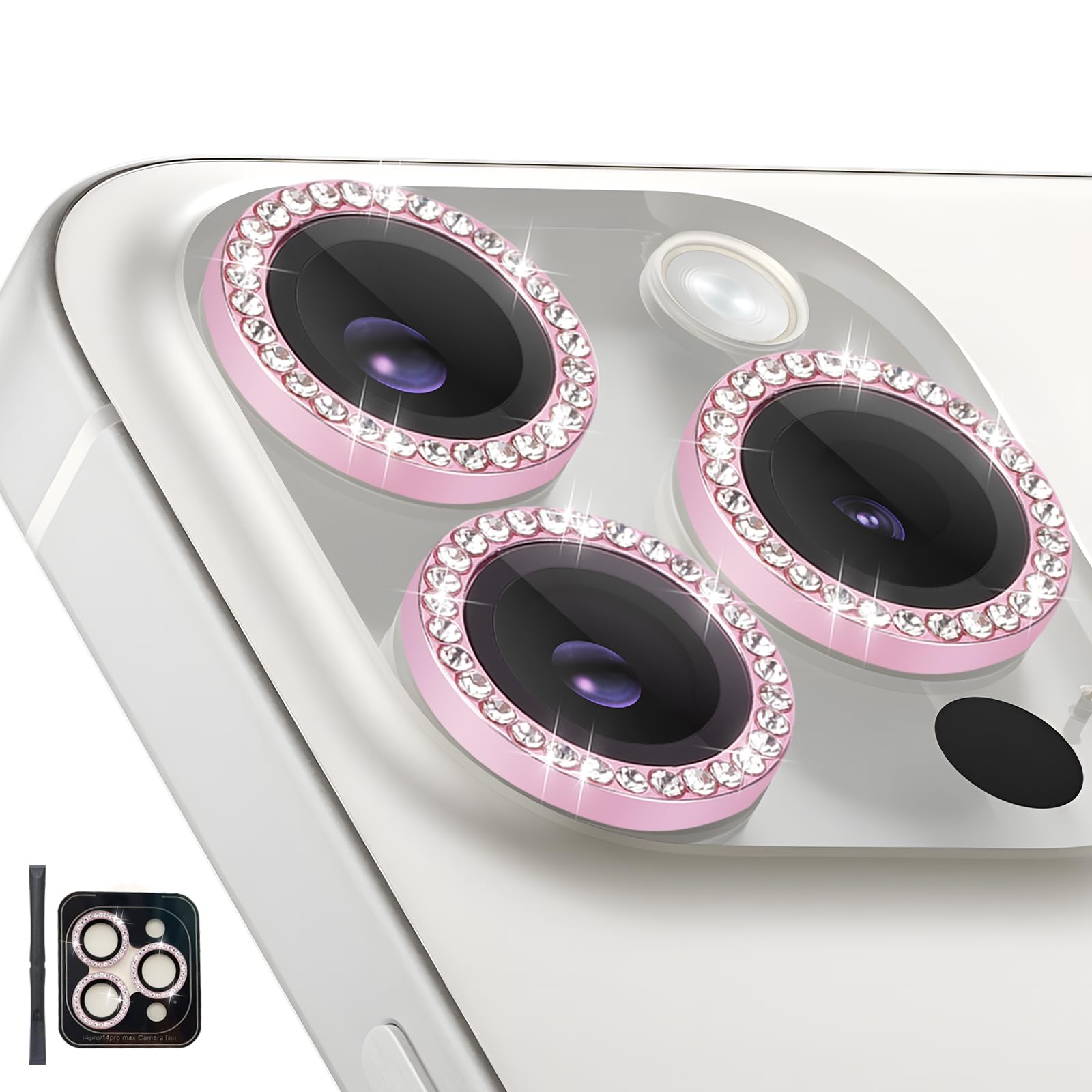 Zevytop Camera Lens Protector for iPhone 14 Pro/iPhone 14 Pro Max, Individual Tempered Glass Aluminum Alloy Ring Lens Cover with Installation Tray Fit for iPhone 14 Pro/14 Pro Max Diamond Pink