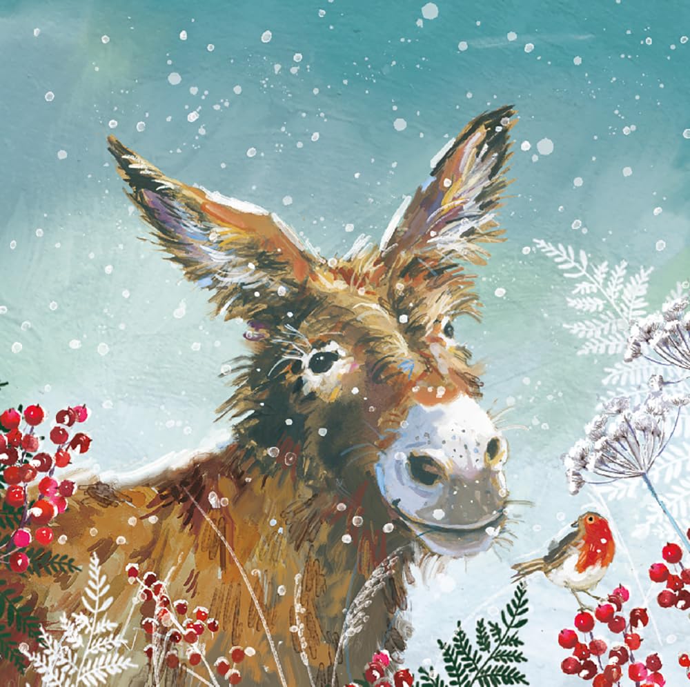 Ling Design Wildlife Watercolour Art Pack of 6 Christmas Cards - Premium Board - Charity Christmas Cards Great British Card Company (Donkey in the Snow)