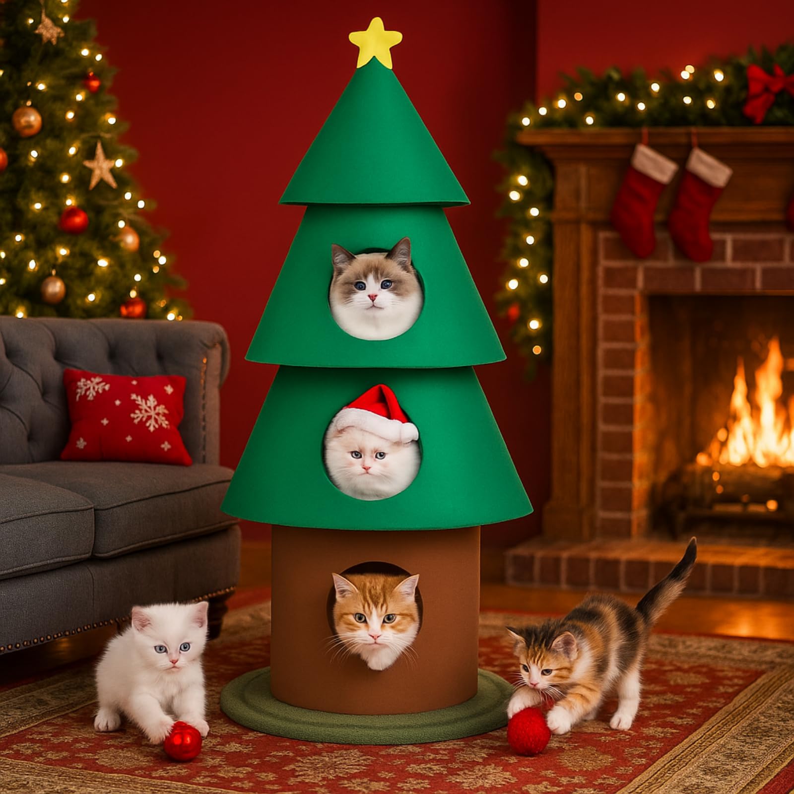Photo 1 of Leinuosen 60 Inch Felt Cat Christmas Tower for Indoor with 3 Condos 5 ft Xmas Tall Cat Tree Tower Furniture with Star Topper for Kitty Kitten DIY Christmas Decoration Activity Center Play House