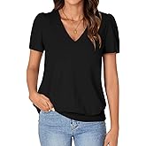 KIFOVEN Women’s Casual Short Sleeve V Neck T Shirt Summer Banded Bottom Loose Fit Tunic Tee Shirt Top