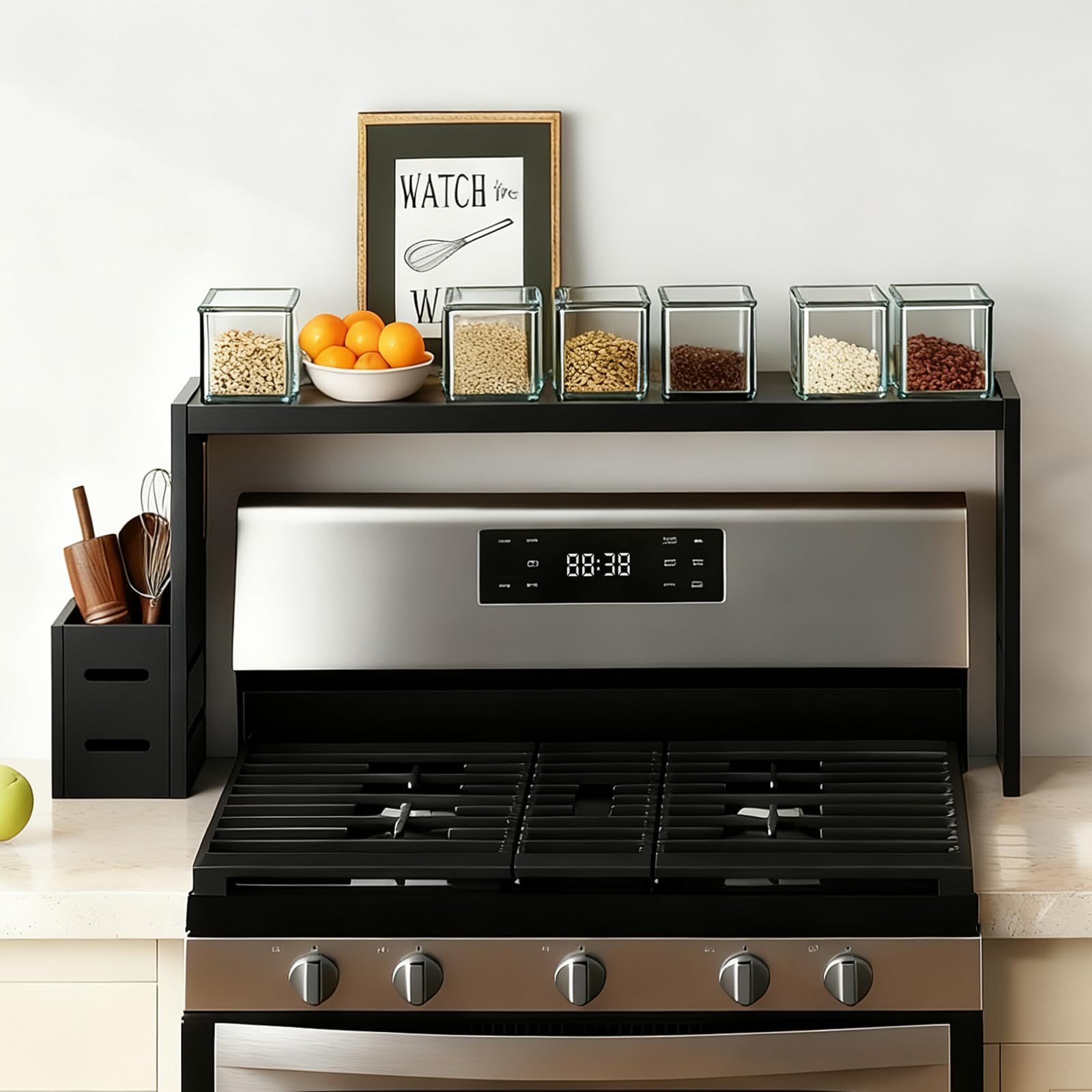 Photo 1 of BESLCEID 31-inch bamboo stove rack for above the hob, kitchen bamboo spice rack, supports up to 50 pounds. Bamboo stove rack for storing spices and kitchen utensils. (Black)