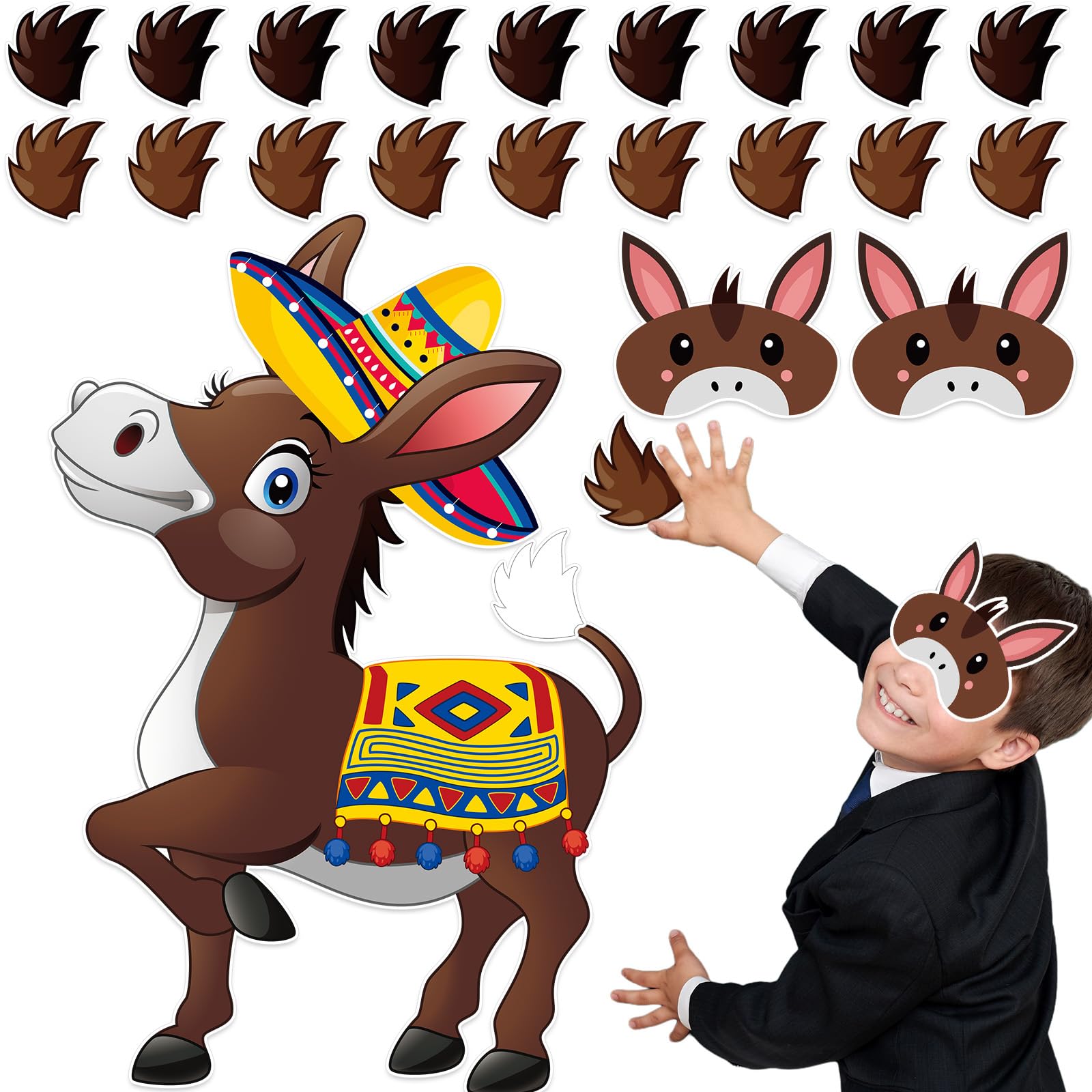 Photo 1 of QOUBAI Pin The Tail on The Donkey Party Game Activities 23.6 x 15.7 Inch Mexican Donkey Shape Poster with 24pcs Tails Birthday Party Supplies for Carnival Fiesta De Mayo Wall Home Decorations Favor