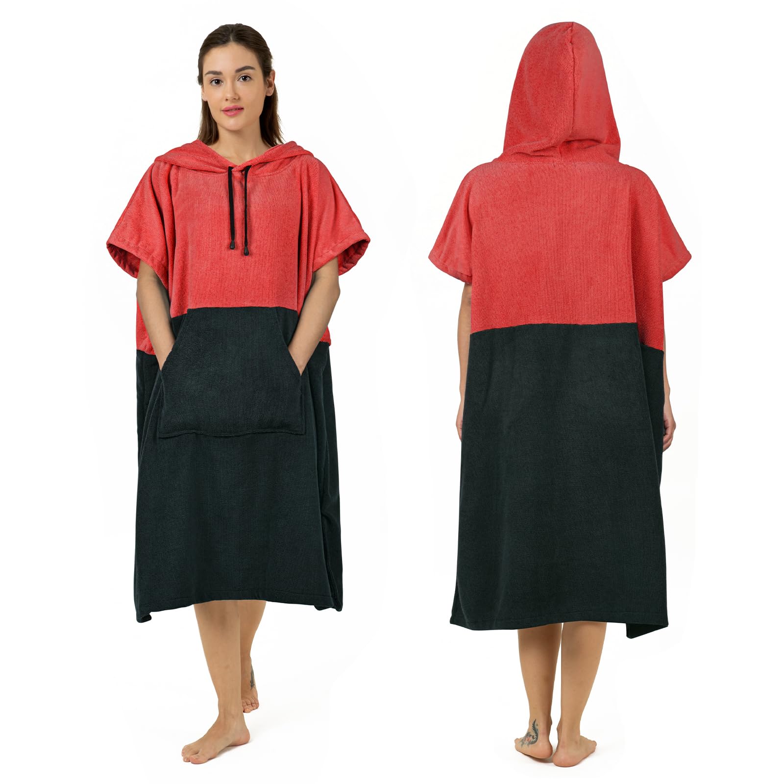Zingtto Surf Poncho Changing Robe Extra Large Thick Towel Poncho for Men Women with Hood Pocket for Beach Swimming, 41"x33", Black Coral Red