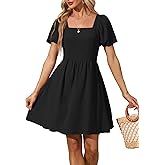 OFEEFAN Women Puff Sleeve Square Neck Tie in Back Dresses with Zipper