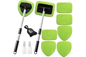 Qydipclin 11pcs Windshield Cleaner Tool, Car Window Cleaning Wash Kit with 6 Reusable Microfiber Pads 2 Spray Bottles and Extendable Handles Auto Glass Wiper Kit, Green