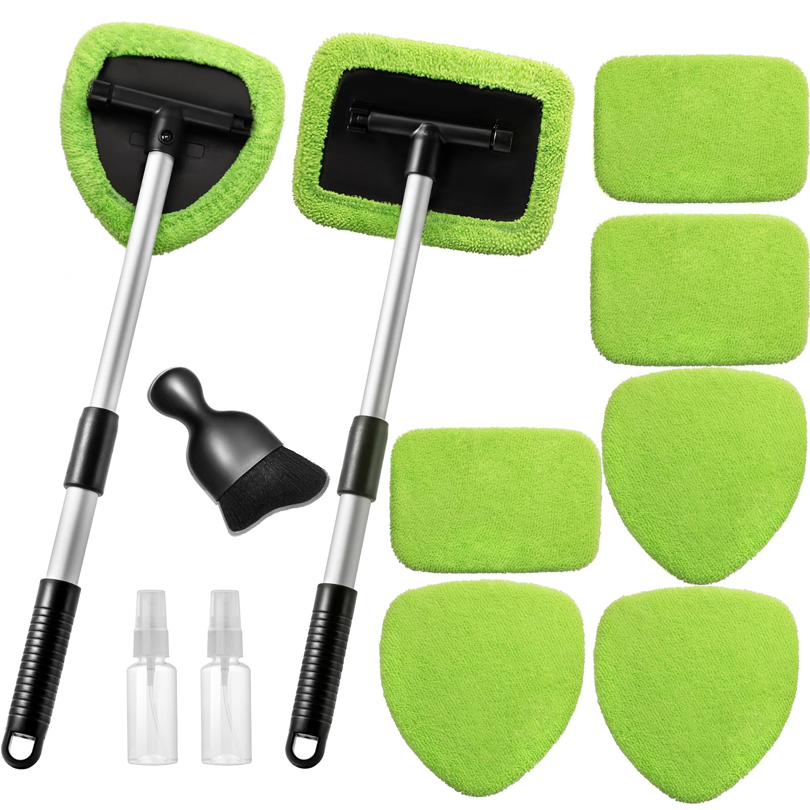 Photo 1 of Qydipclin 11pcs Windshield Cleaner Tool, Car Window Cleaning Wash Kit with 6 Reusable Microfiber Pads 2 Spray Bottles and Extendable Handles Auto Glass Wiper Kit, Green