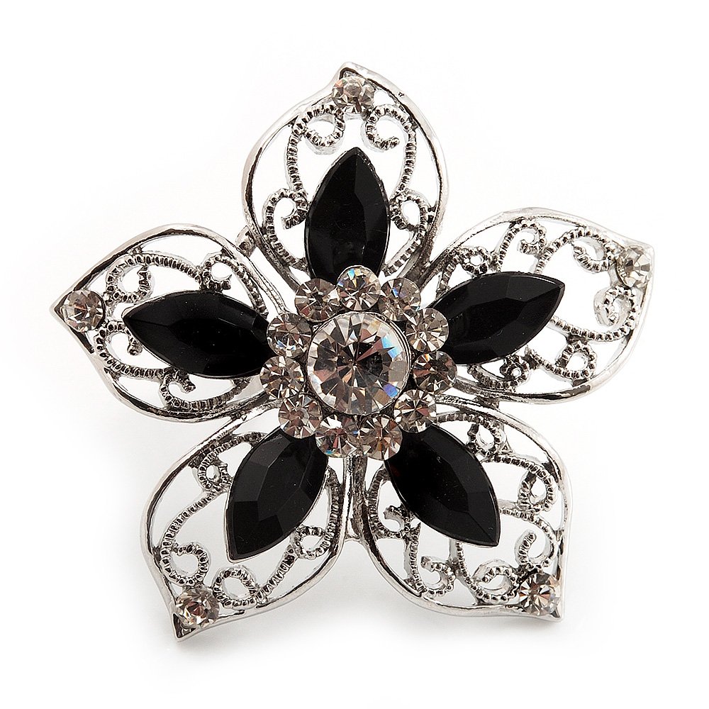 Avalaya Silver Tone Filigree Black Diamante Flower Cocktail Ring - 5cm Diameter