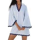 VAOYIU Women's Boho Striped V-Neck Dress Flowy Bell Sleeves Cover Up with Wavy Trim Beach Resort Kaftan Style