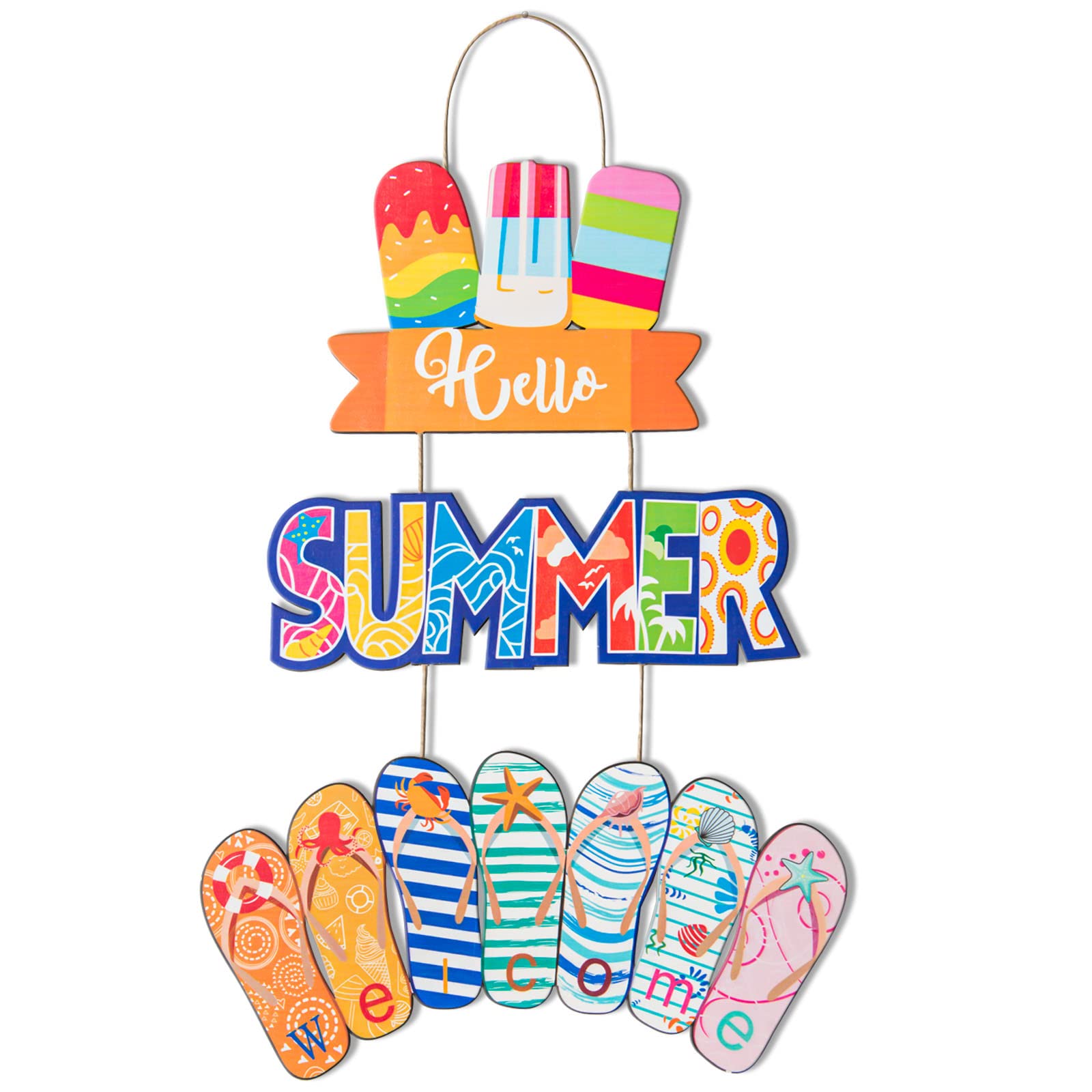3Pcs Hello Summer Hanging Door Sign Decor Beach Welcome Sign Plaque Wooden Summer Home Decor Ice Cream Slippers Beach Hanging Decor With Ropes for Farmhouse Wall Beach Theme Indoor Outdoor Garden Yard