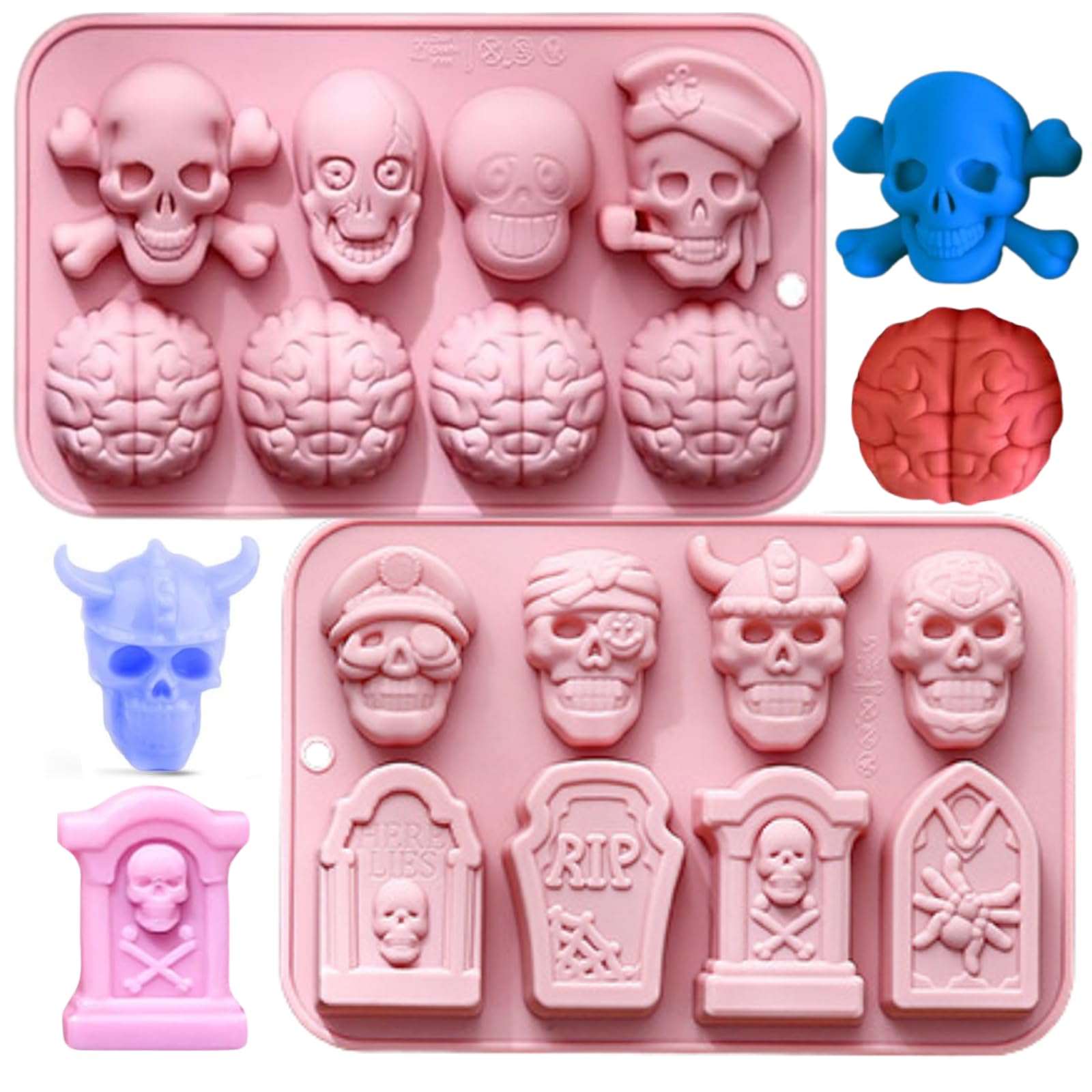 2 Pcs Halloween Silicone Molds,Skull, Tombstone, Brain Silicone Molds, DIY Chocolate Candy Gummy Jelly Ice Cube Baking Mould