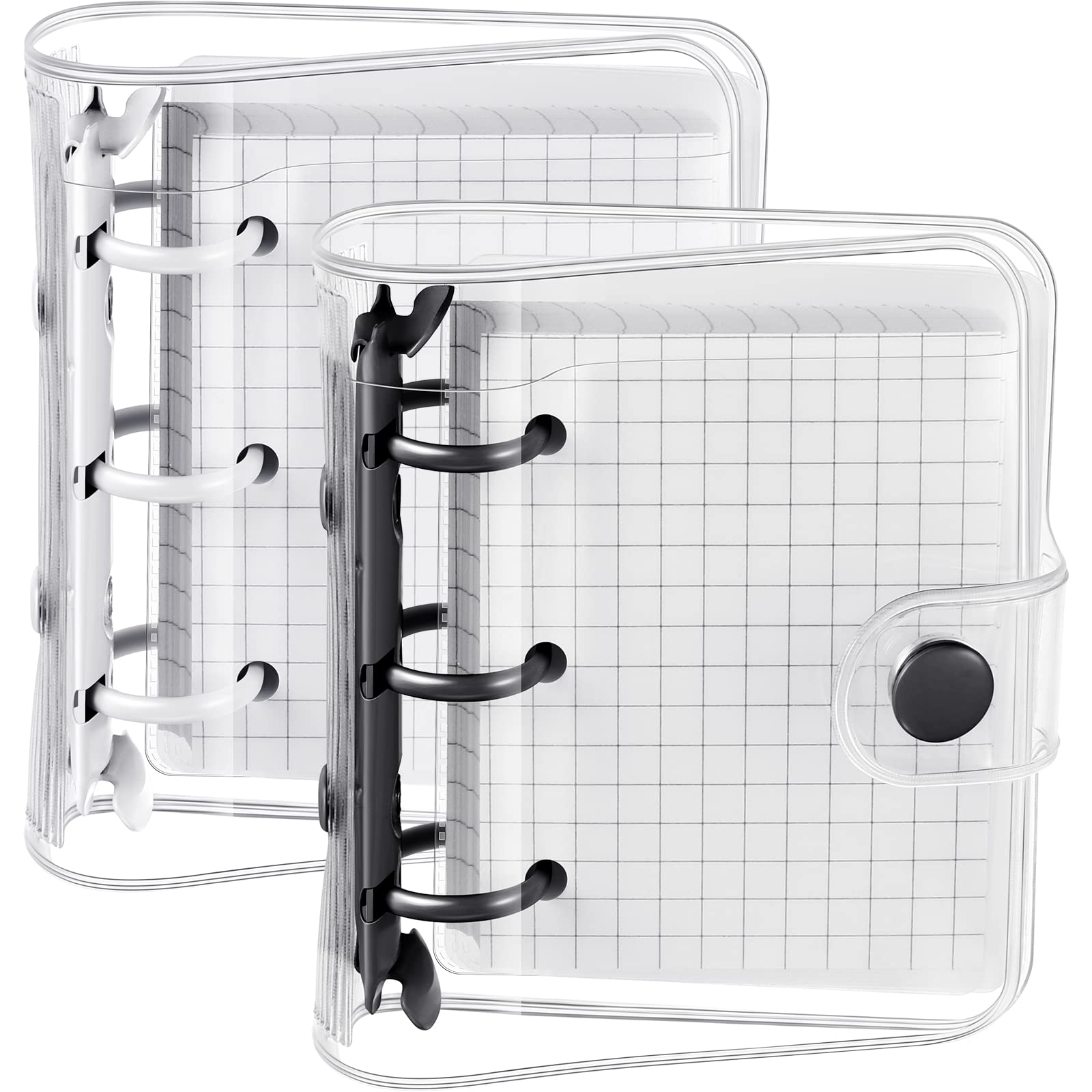 Photo 1 of 2 Sets Mini Transparent 3 Ring Binder Covers with Mini Binder Inner Paper Pockets Clear Soft PVC Notebook Closure Loose Leaf Folder Round Ring Cover Protector with Snap Button(White, Black)