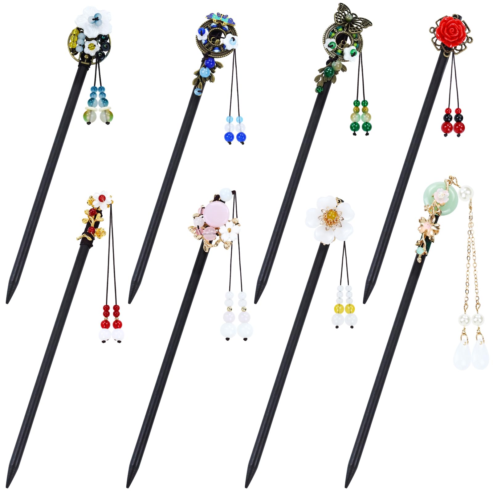 Yoosit 8 Pack Chinese Wood Hair Sticks With Tassel, Dangling Crystal Beads, Charm Fork - Long Straight Chopstick Picks for Twist Bun Holder - Women's Accessories