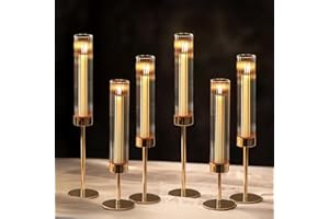NUPTIO Hurricane Candle Holder for Centerpiece: Set of 6 Tall Candle Stick Holder with Ribbed Glass Cover - Bulk Fluted Taper Candlestick Decor for Living Room Thanksgiving Christmas