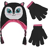 Kids Cat Face Beanie Hat and Gloves Set Unisex Fleece Toddler Winter Hat for Boys Girls 2-10 Years