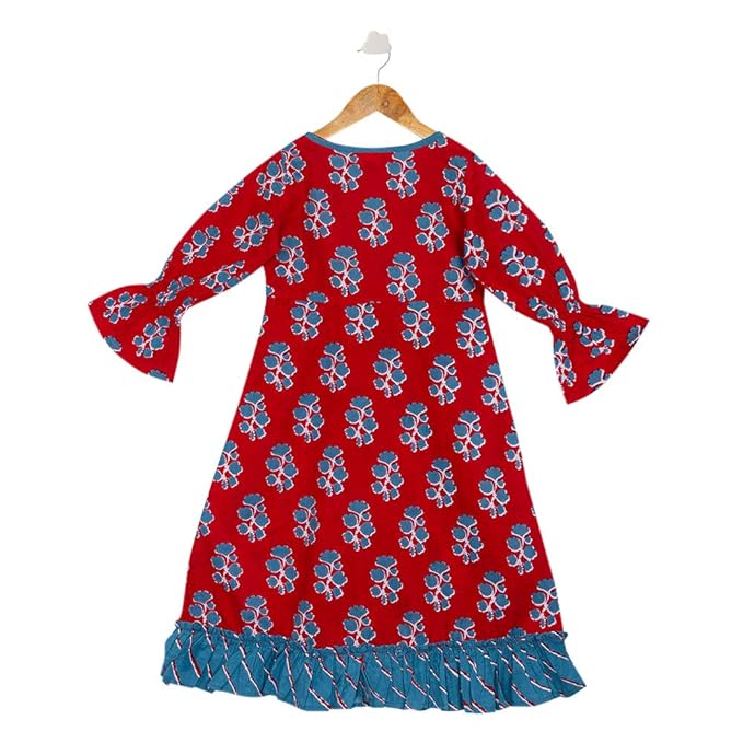 Pikaboo By Hopscotch Girls Cotton Anarkali Dress With Frills in Green Color