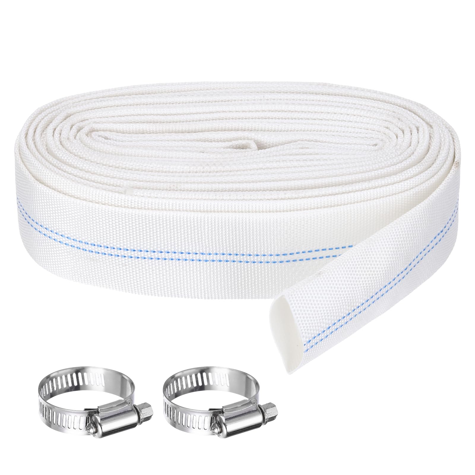 Rebower Pool Backwash Hose, 1 Inch x 98.4ft Reinforced Drain Hose PVC Lay Flat Water Discharge Pump Hoses for Pool Filter Swimming Pump, with 2pcs Clamps, White