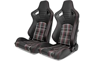 IKON MOTORSPORTS, Universal Racing Seats Pair with Dual Sliders, PU & Red Plaid Fabric & Carbon Leather Reclinable Left Right
