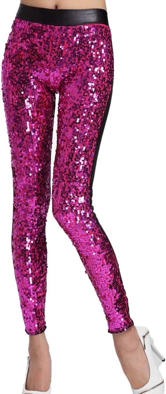 iiniim Women's Pants Faux Leather Leggings Pants Skinny Shiny Sequins Trousers Club Wear Hot