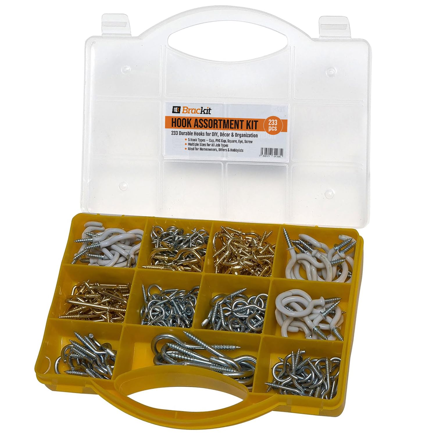 brackit 233 Piece Hook Assortment – Including PVC Cup Hooks, Square Hooks, Eye Hooks and Screw Hooks for DIY and Home Décor Projects - Durable Screw in Hooks for Hanging and Organizing