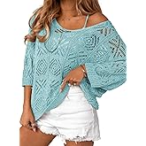 Dokotoo Women's 2026 Spring Summer Crochet Hollow Out 3/4 Sleeve Pullover Sweater Off Shoulder T-Shirts