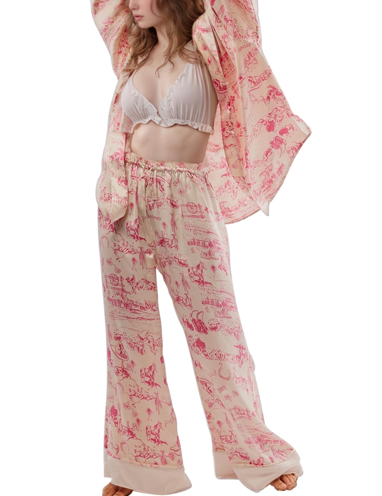 Photo 1 of Arssm Women 2 Piece Satin Silk Pajama Set Floral Long Sleeve Pajamas Soft Button Down Pjs Set Sleepwear(Apricot-L)
