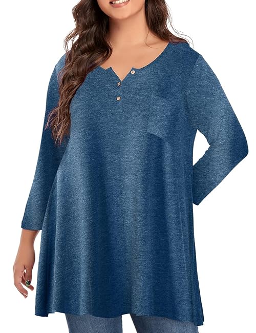 OVERWORETY Plus Size Tops for Women 3/4 Sleeve Henley V Neck Tunics Casual Loose Swing Shirts for Leggings(Heather Blue,4X)