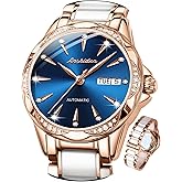 OLEVS Blue Dial Watches for Women Automatic Wrist Watch Self Winding Day Date Ceramic Stainless Steel Diamond Dial Rose Gold Women's Watches Mechanical Water Resistant Dress Elegant for Ladies Watch Gifts