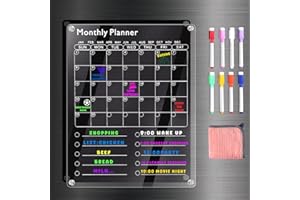 EIIOVCNYA Large Acrylic Magnetic Fridge Calendar, Clear Dry Erase Board Calendar for Refrigerator, 16" x 12" 2-in-1 Monthly Weekly Planner for To-Do/Grocery List, with 8 Color Markers and Towel, Great Christmas Gift for Home & Office