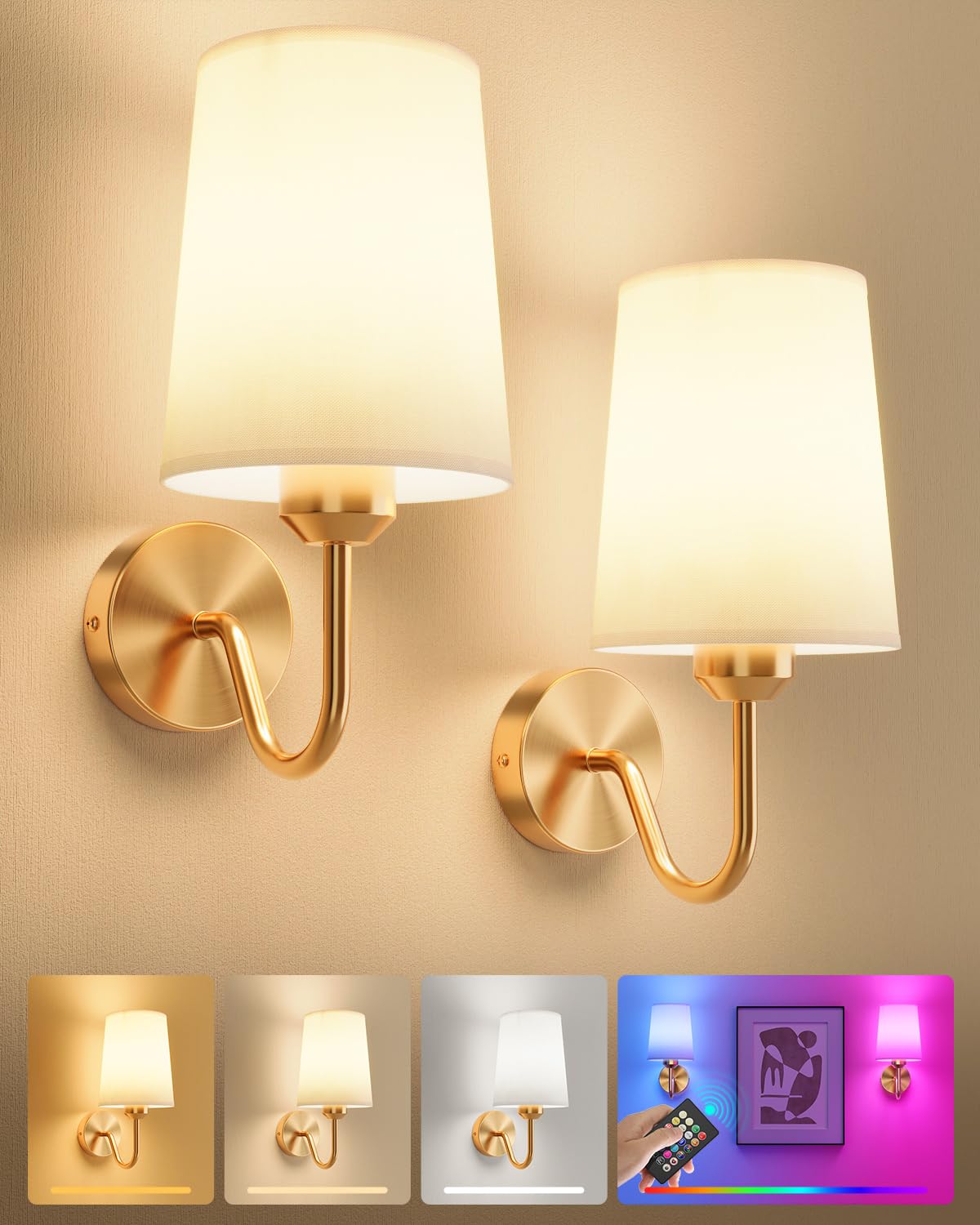 Photo 1 of Ouyulong Battery Operated Wall Sconces Set of 2, Wireless Rechargeable Dimmable Wall Light with RGB Bulb and Remote for Bedroom, Living Room, Hallway (Gold)