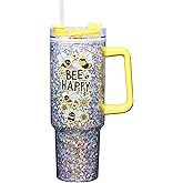 Spoontiques Bee Happy 40oz Acrylic Travel Mug - Double Wall Acrylic with Sliding Lock Travel Lid and Straw - 11" Tall