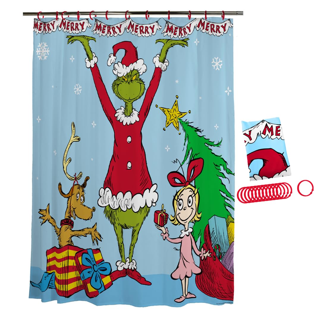 Dr. Seuss The Grinch Holiday 13-Piece Shower Curtain Set, 72 x 72 Inch Fabric Curtain with Hooks, Bathroom Decor, Machine Washable, (100% Officially Licensed Product) by Franco Collectibles