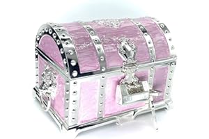 TRUEWON Vintage Metal Jewelry Chest Treasure Trinket Box, Gem Storage Tray Ring Earrings Necklace Keepsake Gift Holder Case Bag for Girls Ladies Women (Large Silver Pink With Tray)