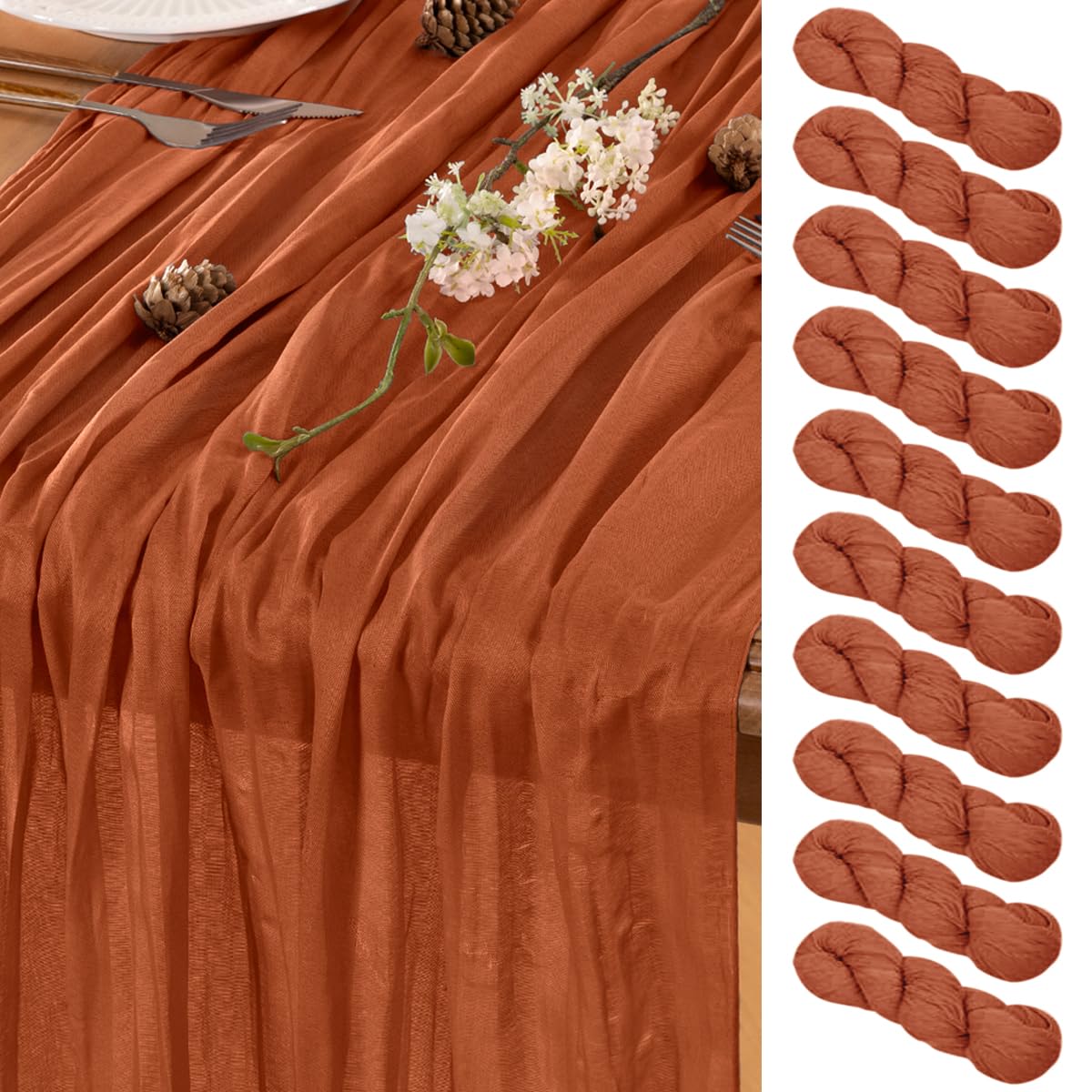 LINXTAR Fall Table Runner Terracotta Cheesecloth Table Runner 10 Pack 10FT Farmhouse Table Runners 120 Inches Table Decor Thanksgiving Dining Room Centerpiece Wedding Boho Baby Shower Birthday Image