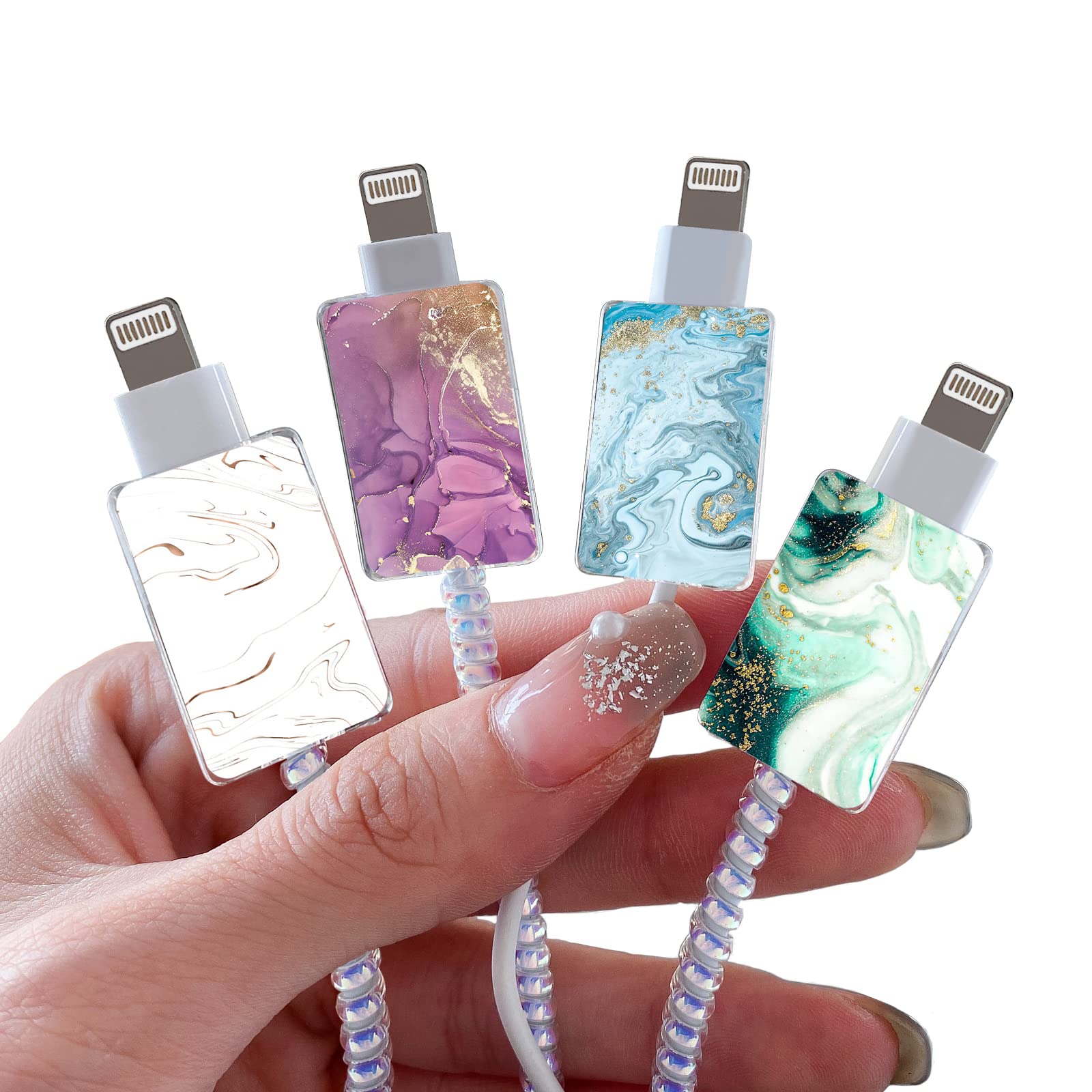 Marble Cable Protector for iPhone Type-c Charger,Sparkle Bling Marble Pattern 4 PCS Set Cable Protector for Women Girls Kids,Cable Chomper,iPhone Charger Saver-Blue/White/Green/Purple