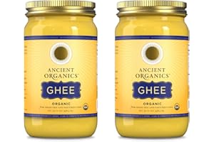 Ancient Organics Ghee - Gluten-Free Grass-Fed Clarified Kosher Vegetarian Ghee Butter with Vitamins & Omegas, Non-GMO, Lactose Free, 100% USDA Certified Organic, Made in USA - 32 Fl Oz 2-Pack