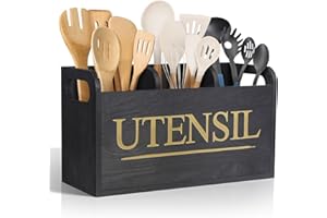 brekle Black Wooden Kitchen Utensil Holder with 3 Compartment Larger Utensil Holder for Kitchen Counter Removable Cover for Efficient Utensil Organizer and Cooking Tools Storage