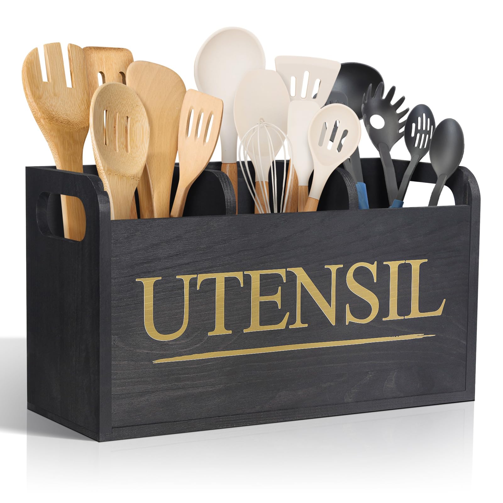 brekle Black Wooden Kitchen Utensil Holder with 3 Compartment Larger Utensil Holder for Kitchen Counter Removable Cover for Efficient Utensil Organizer and Cooking Tools Storage, KUH_05