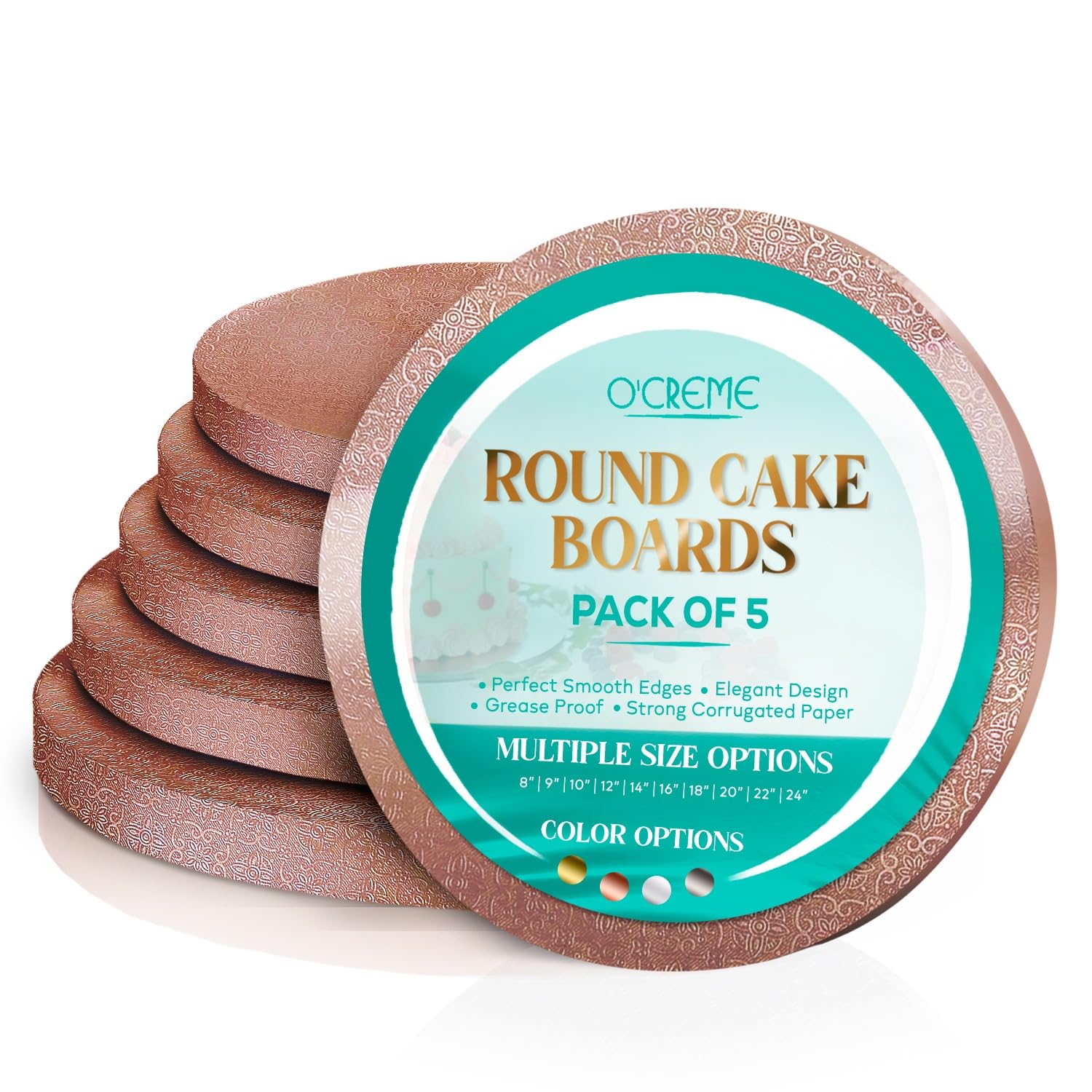 O’Creme Cake Board, Rose Gold Foil Round Cake Circles with Gorgeous Design, Sturdy & Durable 1/2” Thick Cake Drums, Round Cake Boards with 20” Diameter, Pack of 5 Disposable Cake Drums Image