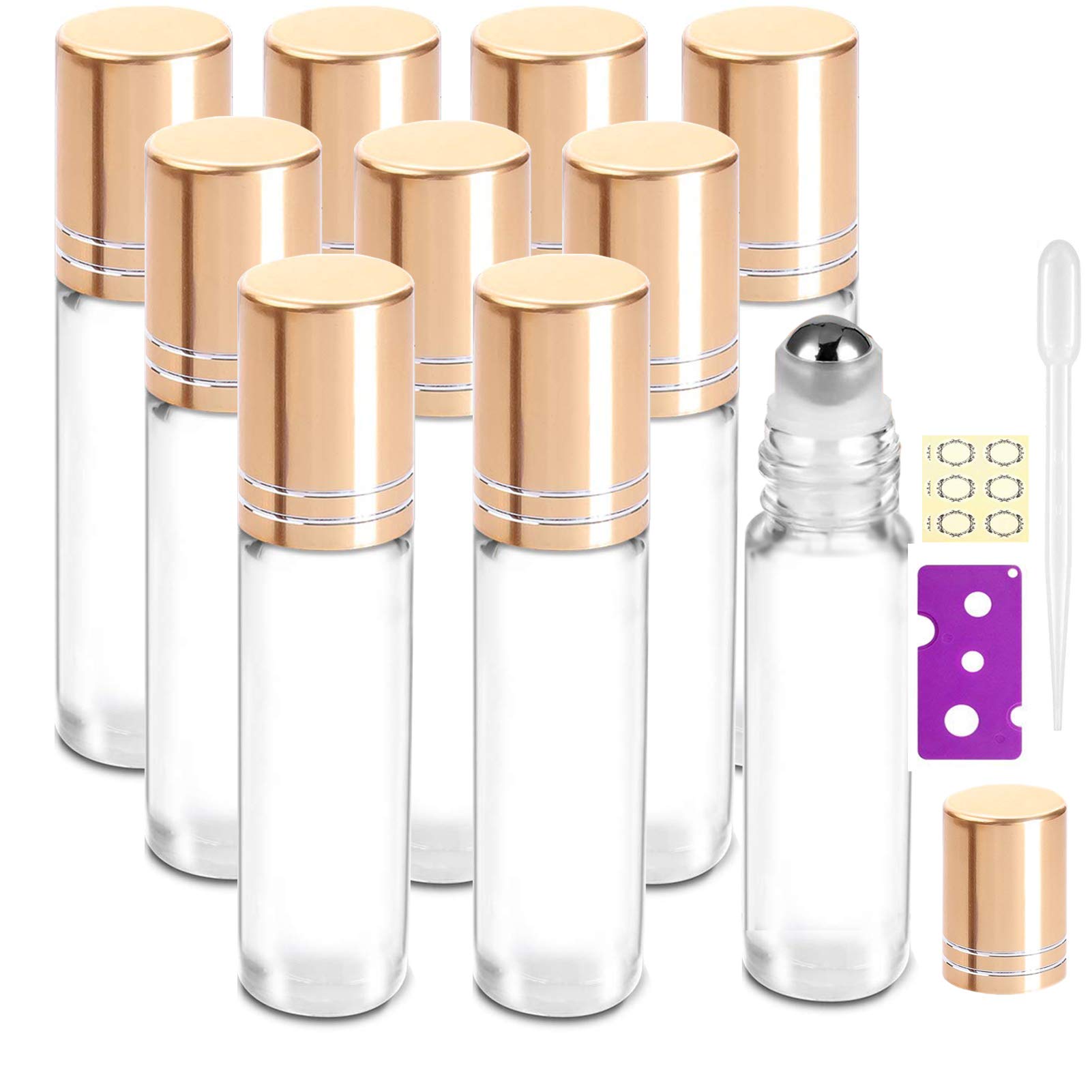 Alledomain 10Pcs, 10ml Transparent Essential Oil Roller Bottles Refillable Clear Glass Roll on Bottles with Stainless Steel Roller Balls & Golden Cap, Include Labels, Dropper & Opener